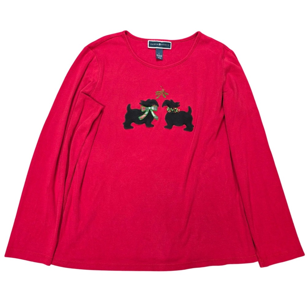 Karen Scott Scottie Dog Long Sleeve Graphic T-Shirt Women's Size L Red Christmas